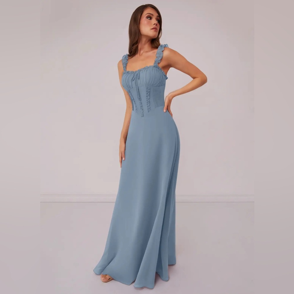 Azazie Blue Ruffle-Strap Maxi Dress - Picture 2 of 12